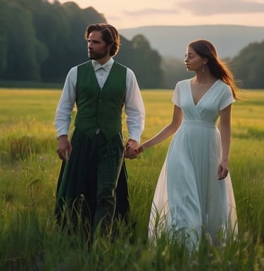 Couple mormon se donnant la main dans la prairie