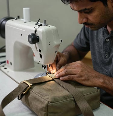A detailed action shot of a skilled South Asian craftsman's hands operating a heavy-duty sewing machine, stitching a durable strap onto a canvas bag in a well-lit workshop.