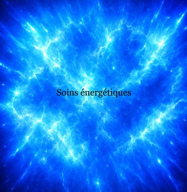 soins énergétiques écrits dans un ciel bleu parsemé d'éclairs