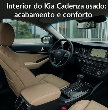 Interior do Kia Cadenza usado com bancos de couro e painel completo