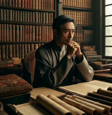a man sitting at a desk with a book and a book
