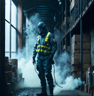 un técnico en control de plagas en bodega termonebulizando