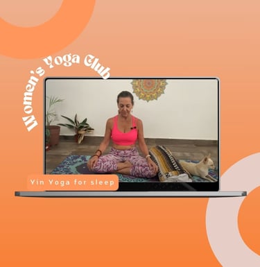 a woman in a pink top and a laptop teaching online yoga on youtube