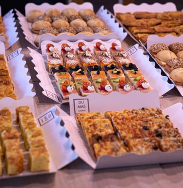 Variedad de canapé, bocadillos y pizzas exhibidos en bandejas