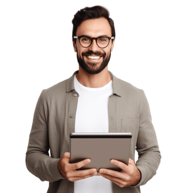 um homem de óculos e um tablet, contabilidade