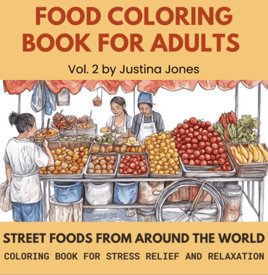 Book cover of food coloring book with a street vendor