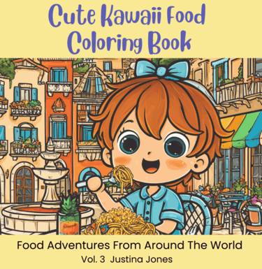 Cute Kawaii Food Coloring Book Page with a girl having fun eating