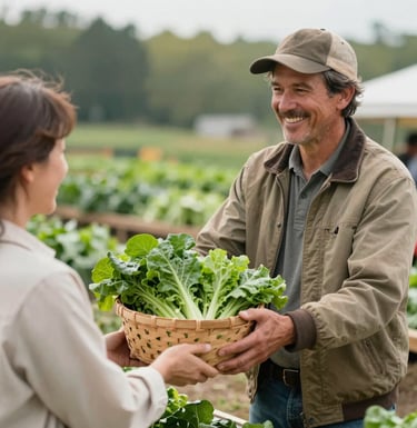 A Midwestern farmer in a field jacket handing a basket of fresh leafy greens to a customer. Both are smiling in a genuine community interaction. The background is a soft-focus market scene with forest green and light cream tones.