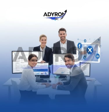 a group of people sitting at a desk with a laptop and a computer monitor