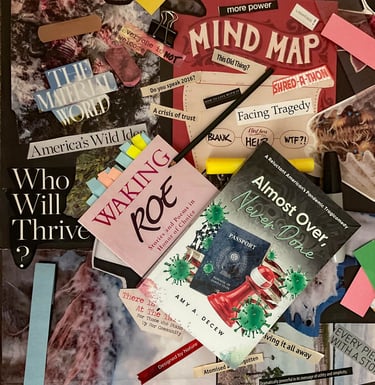 creative art collage of headlines, pictures, notes, office supplies, and book covers