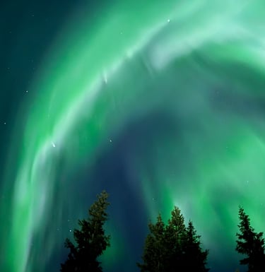 a green and purple sky with the Northern lights and beautiful auroras