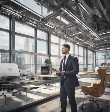 A professional man stands in a modern, sunlit office, thoughtfully planning his self-improvement.