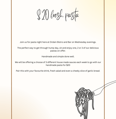 pasta wednesday ordain bistro restaurant dinner fresh