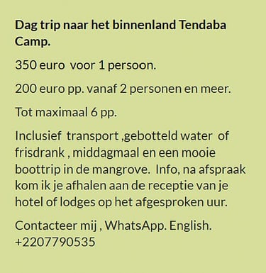 Flyer dagtocht naar het binnenland – Tendaba Camp in Gambia. Prijs €350 voor 1 persoon of €200 p.p. 