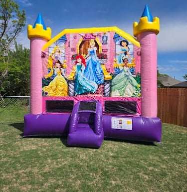 Disney princess bounce house rental in Oklahoma city backyard