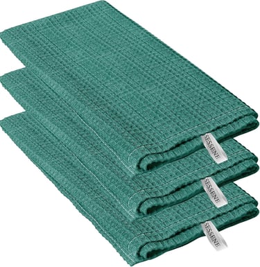 a stack of four green towels with a tag on it