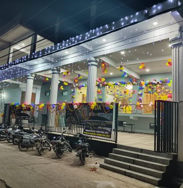 a building with balloons and balloons on the outside