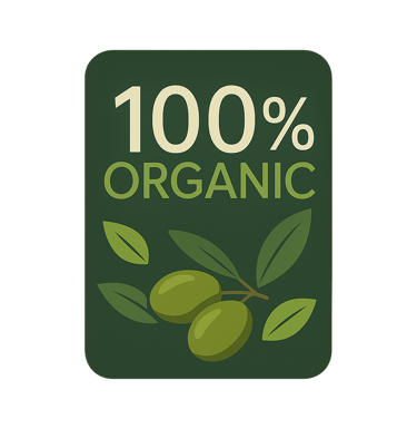 100% Organic certified olive oil badge with olive branch icon