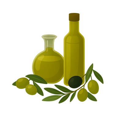 Illustration of olive oil bottles and fresh olives, representing premium quality