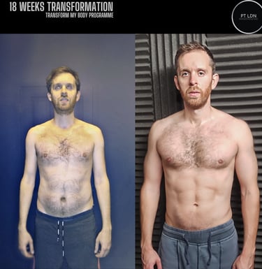 A male in his 30s with his top off before and after gym body transformation