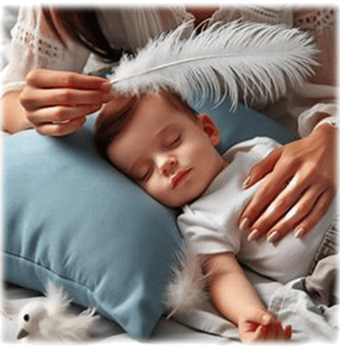 Un enfant endormi sur un oreiller avec une plume