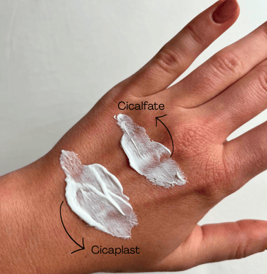 Small swatches of La Roche-Posay Cicaplast Balm B5 and Avène Cicalfate+ creams displayed on hand.