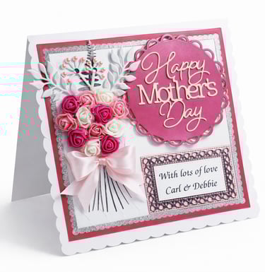 Handmade Happy Mother's Day card featuring pink and white 3D floral roses, a satin bow, 