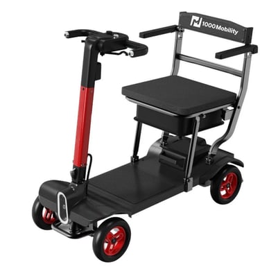 Zippy lightweight folding electric scooter with red wheels and wide platform for daily urban travel