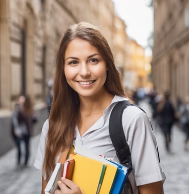 a smiling young woman holding a book and a backpack