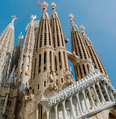 Sagrada Familia basilica with tall spires in Barcelona