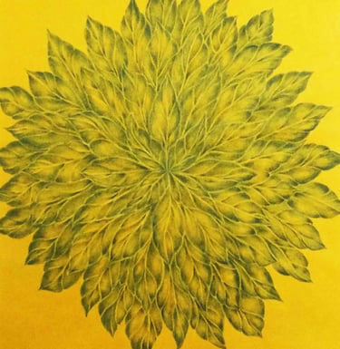 Composição botânica abstrata verde e amarela em pastel seco. Título "Folhagem".