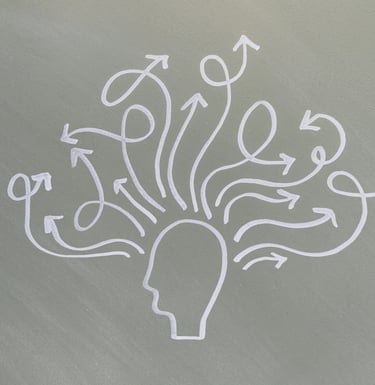 Getekend hoofd met lijnen en stromen, symboliseert keuzes, opties en overzicht bij beleid.
