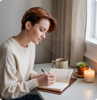 A woman writes in a leather journal near a window with a candle and steaming tea.