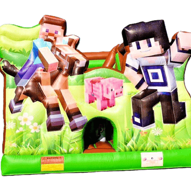 Inflatable Minecraft bounce house featuring Steve on a horse and pixelated characters for party rentals.