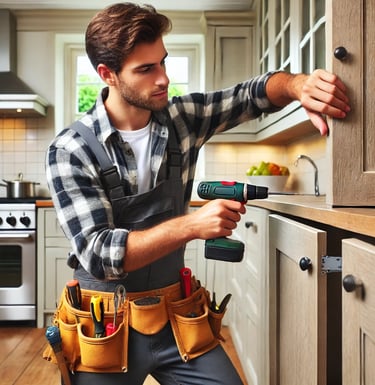 A professional handyman fixing a kitchen cabinet in a London home." Placement: Right under the title