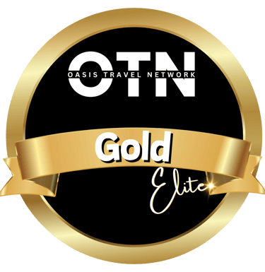 Oasis Travel Network Gold Elite member seal with a black circle and metallic gold ribbon.