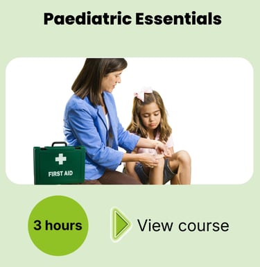 Paediatric first aid essential course card for online training.  3 hours learning