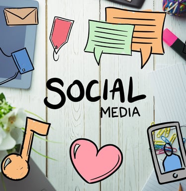 Top view of hand-drawn social media icons and digital marketing symbols illustrating TheDigiWold.in's creative approach to on