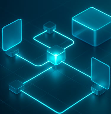 Sleek 3d render of glowing data nodes and automated communication pipelines, neon teal ambient lighting, glassmorphic card overlays, isometric angle