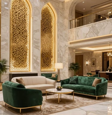 A high-end hotel lobby in Saudi Arabia, featuring sophisticated modern Arabesque patterns on marble walls with golden lighting. The Middle Eastern / Gulf decor includes elegant furniture in cream and emerald green tones. Serene and welcoming atmosphere.