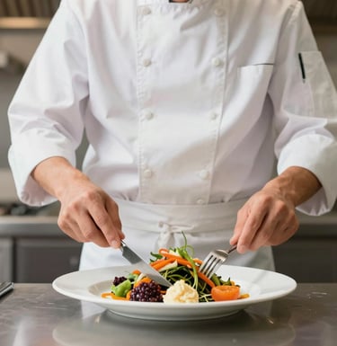 A professional chef in a clean white uniform plating a healthy, vibrant meal in a high-tech corporate kitchen. Sharp focus, clean surfaces, #2D3A3A background tones.