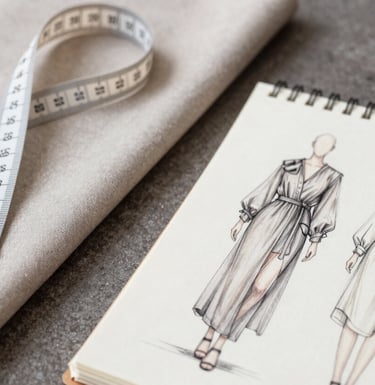 A studio flat-lay of fabric swatches in #C7B5A0 and #7A6F62, a measuring tape, and a sketchbook with fashion illustrations of modern tunics. Clean and minimal composition.