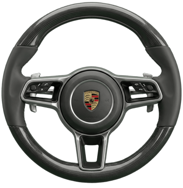 High-performance Porsche carbon fiber steering wheel with leather grips and center crest logo.