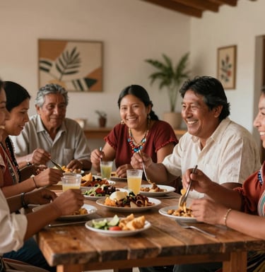 A candid and elegant shot of a group of people at a South American / Brazilian / Bolivian community gathering. They are sharing a meal and laughing in a modern, welcoming hall decorated with subtle cultural motifs. Warm lighting in tones of tan and rust.