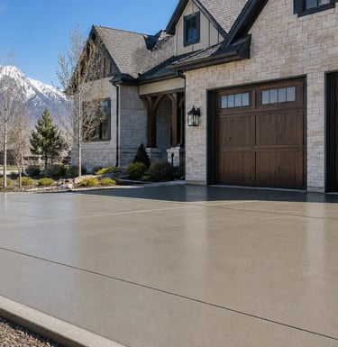 freshly poured concrete driveway in front of a nice suburban home in West Valley City, UT