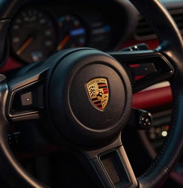Extreme close-up of a classic Porsche 911 leather steering wheel, gold crest emblem sharply in focus, low-key dramatic lighting, deep shadows, premium editorial style.