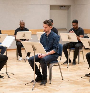 Candid photography of a diverse group of musicians rehearsing in a light-filled studio. They are surrounded by steel blue chairs and off-white music stands. Professional atmosphere.