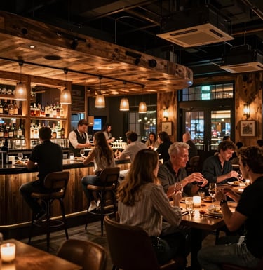Candid photography of a dimly lit, eclectic dining room with vintage mirrors and modern industrial accents, showing a warm social atmosphere in a North American / US city.