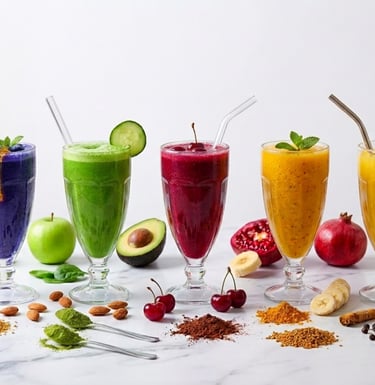 Variety of colorful fruit and vegetable smoothies in tall glasses with fresh superfood ingredients on a marble surface.