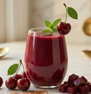Healthy red cherry and beet smoothie in a glass with fresh mint garnish on a kitchen counter.